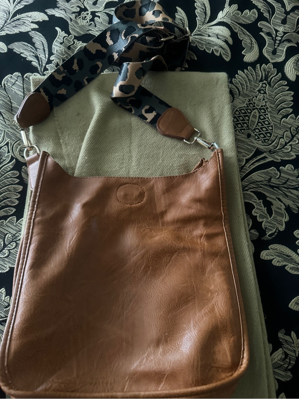 Ah Dorned Tan vegan Leather Crossbody Bag with Leopard-Print Strap